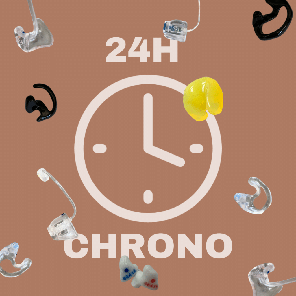 Sur un fond marron clair se détache une icône d'horloge. Il est écrit "24h Chrono". Partout sur l'image, une avalanche d'embouts auriculaires et de protections auditives