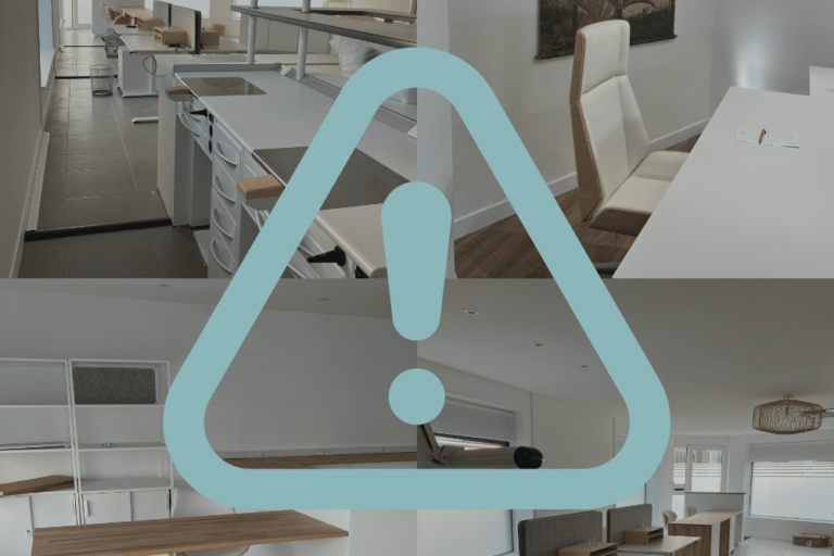 Panneau attention bleu et photographie des nouveaux locaux du Groupe Olbinski